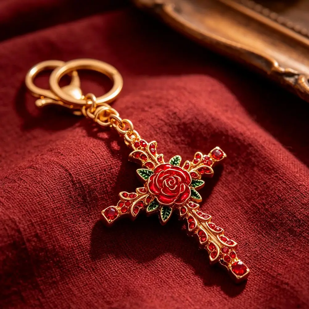 Decorative Rose Keychain Retro Rhinestone Rose Keychain Pendant Golden Plated Alloy Key Ring for Men Women Handbag Backpack