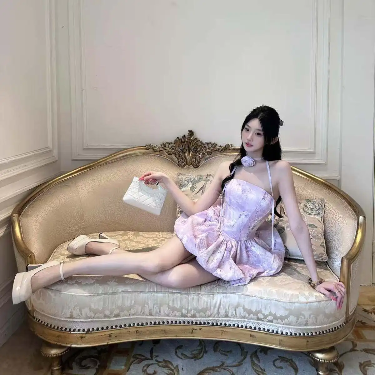 French Sweet Coquette Strapless Purple Floral Dress Women Ruched Waist Bubble Hem Slim Fit Mini Dress Sexy Party Outfit 2026