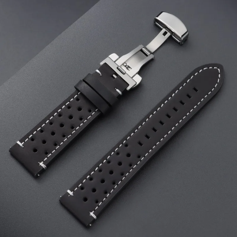 Vintage handgefertigtes Leder-Uhrenarmband, 18/19/20/21/22/24 mm, atmungsaktives Schnellverschluss-Armband, Ersatzarmband mit Schmetterlingsverschluss