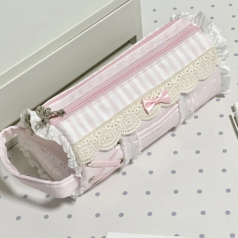Polyester Lace Pencil Case for Pencils, Erasers and Small Study Items, Pink Writing Tool Bag for Class Supplies, Desk Order and