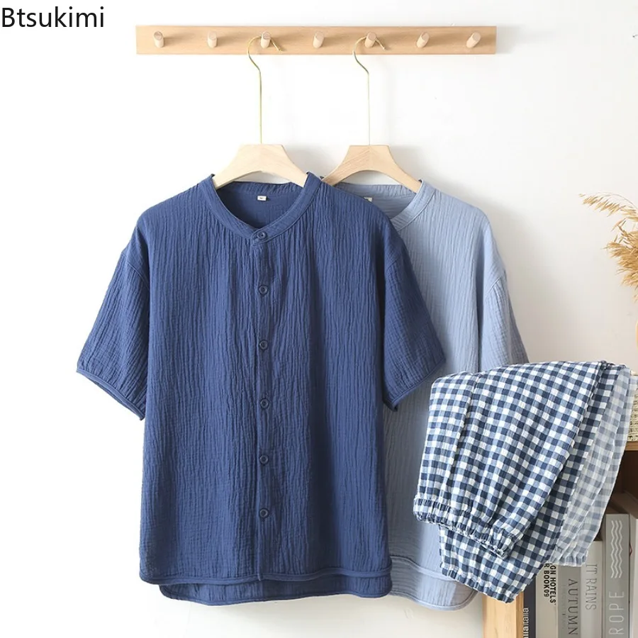 2026 Men's Spring Summer Casual Pajama Sets 100% Cotton Thin Style Solid Tops and Plaid Pants Sets for Men Home Service Suit New