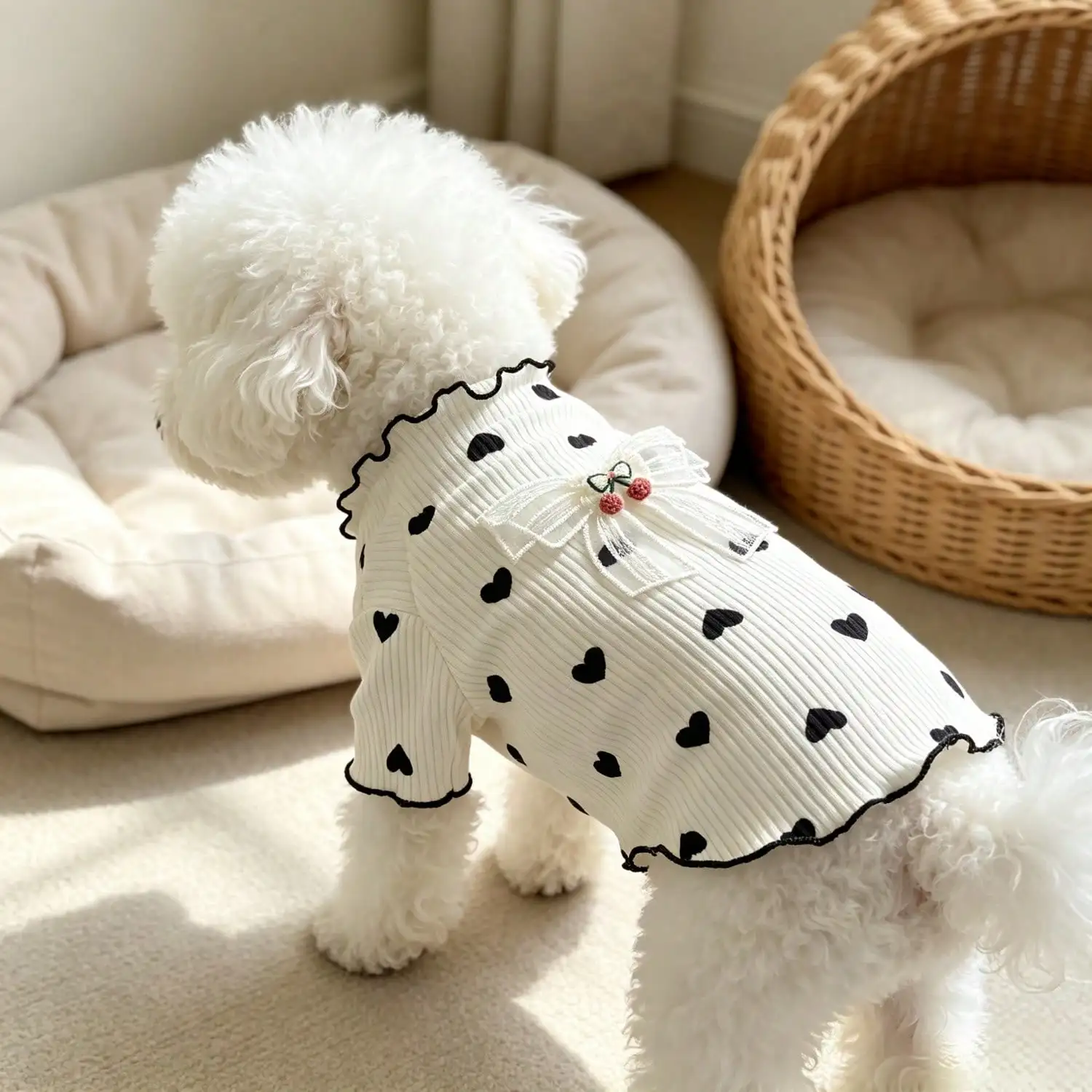 1 Stück Haustier-Hundetop mit Herz-Print, Rüschenbesatz, niedlicher Netzschleife und Kirschdekoration, Pullover-Shirt, weiche Strickkleidung – Detail 5