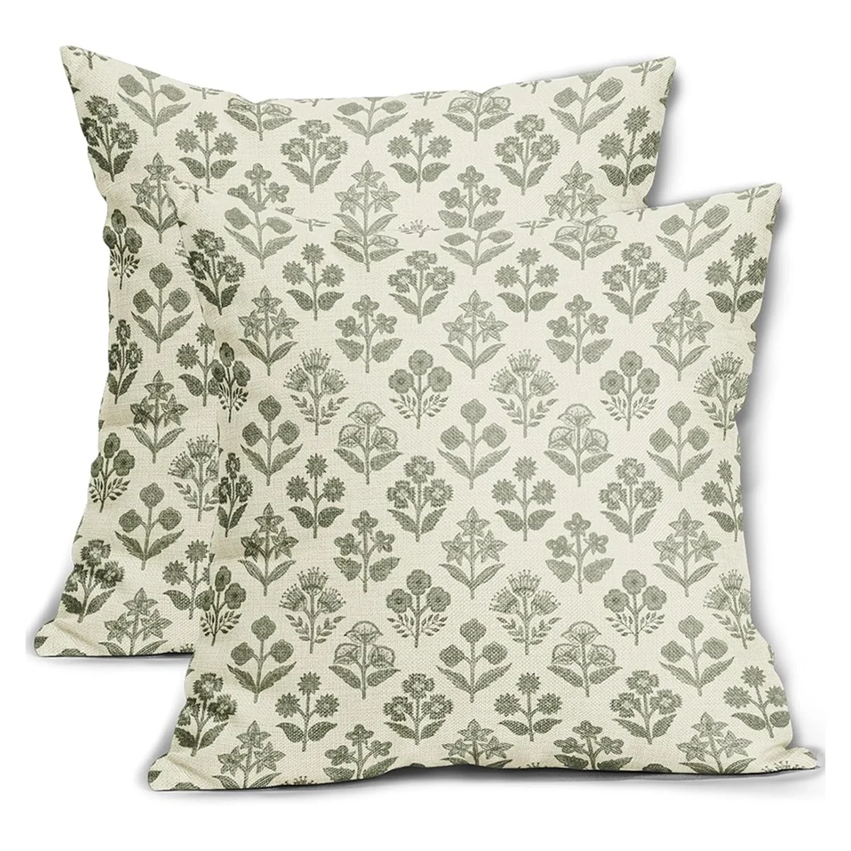 New Floral Pillow Covers 18x18 Inch Set of 2, Vintage Flower Block Print Pattern Decorative Throw Pillowcases