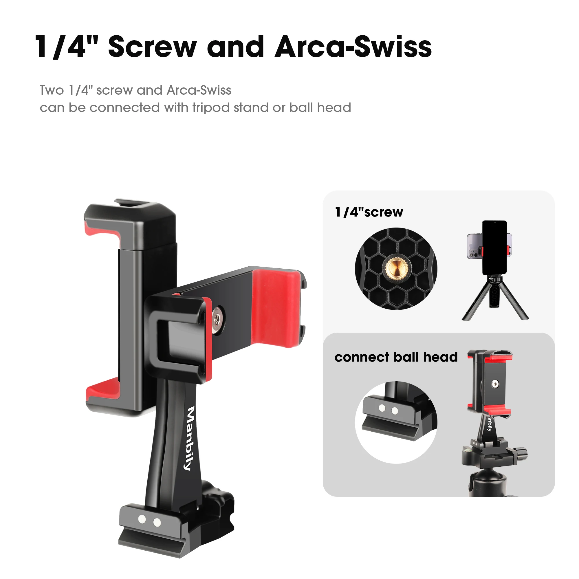 Manbily Lightweight Phone Holder for Selfie stick with Hot Shoes 2 Phone Clamp Mount for Smartphone Tripod Vlog Photography Arca