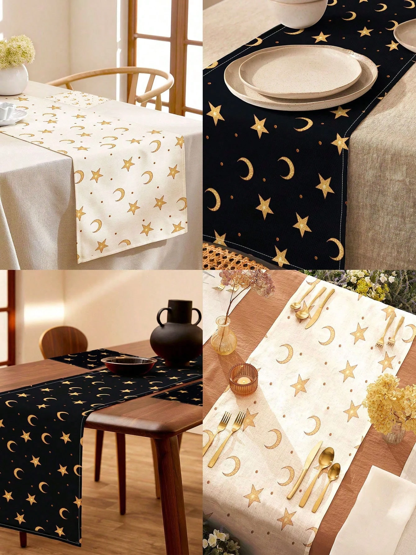 1 Stück Eid al-Fitr Schwarz-Gold Mond Stern Leinen Tischläufer 2D-Druck Dekorative Tischdecke für Esstisch Küche Wohnzimmer Hom