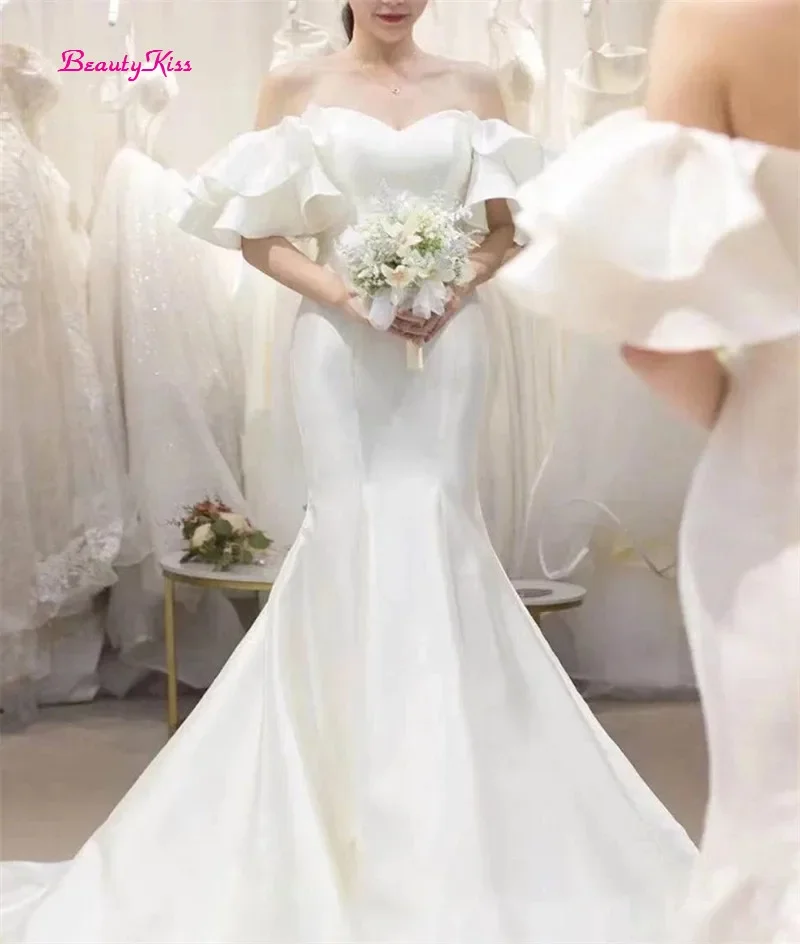 Mermaid Court Train Soft Satin Wedding Dress Elegant Off-Shoulder Lace-Up Bridal Gowns vestidos de mairee Wedding うでんぐどれす