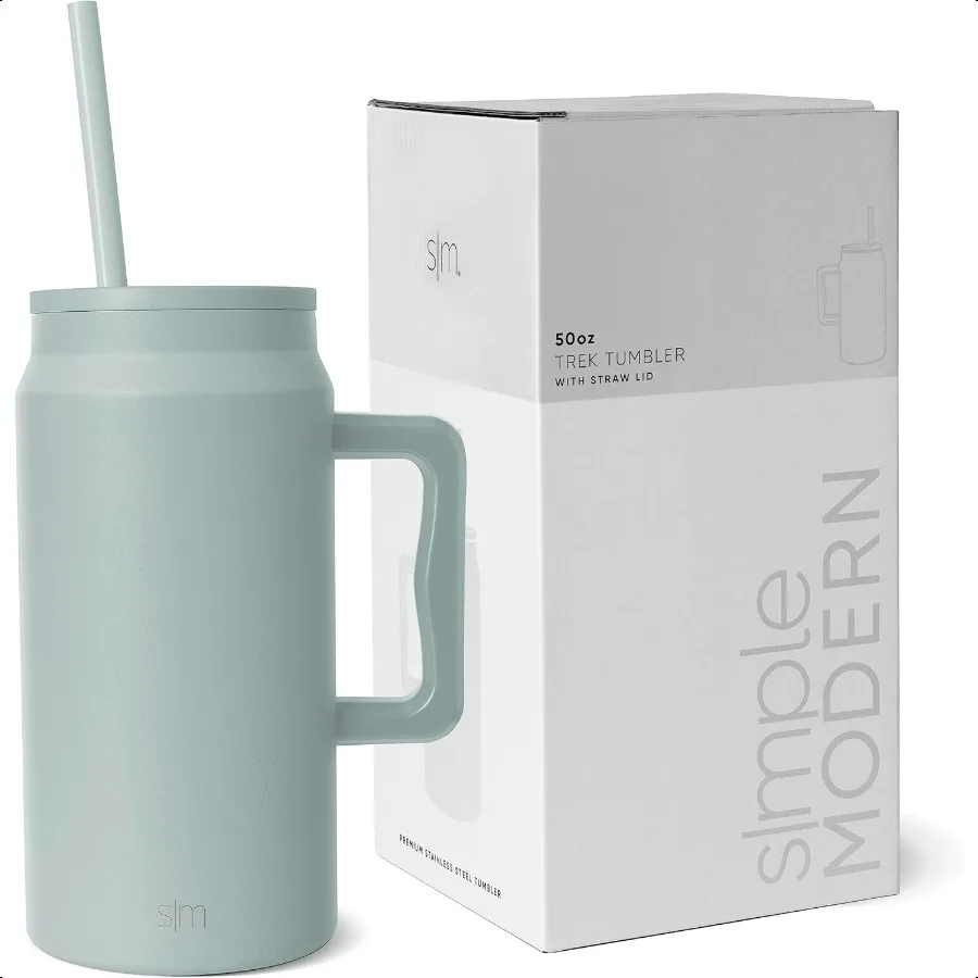 

50-унций Кружка-стакан с ручкой и соломенной крышкой Многоразовый изолированный кувшин из нержавеющей стали Большой дорожный кувшин Бутылка для воды Подарки для женщин Мужчин H