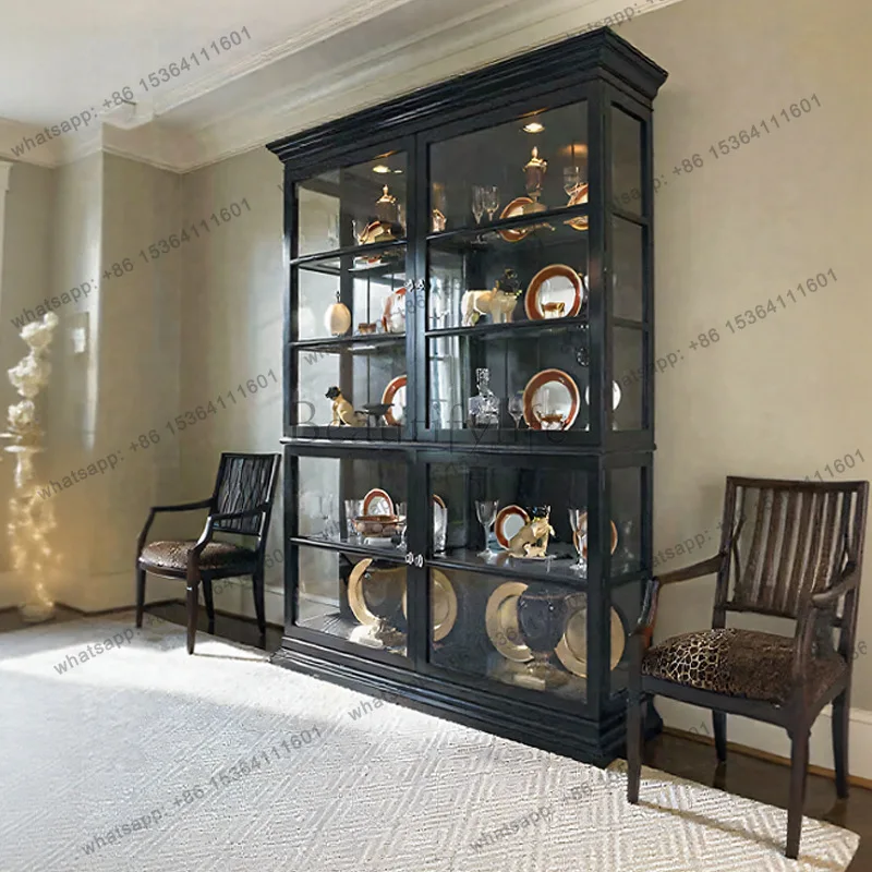

French retro solid wood wine cabinet villa medium and ancient style large-capacity glass display cabinet