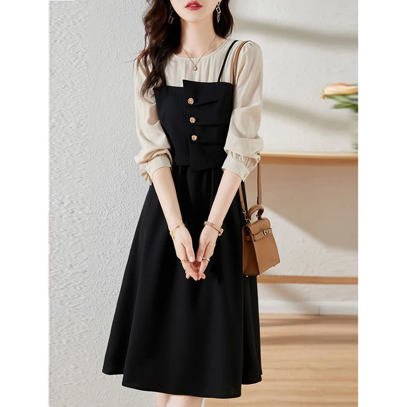 Spring Autumn Fake Two Pieces Pleated Buttons Robe Femme Long Sleeve Elegant Fashion Patchwork Vestido Women Casual A-line Dress