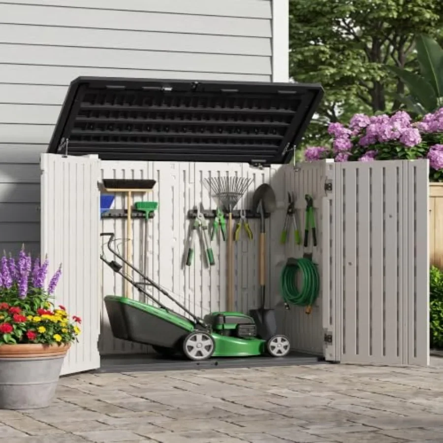 Horizontal Resin Outdoor Storage Shed, Lockable Waterproof Storage Cabinet for Backyard Patio Garden Tools