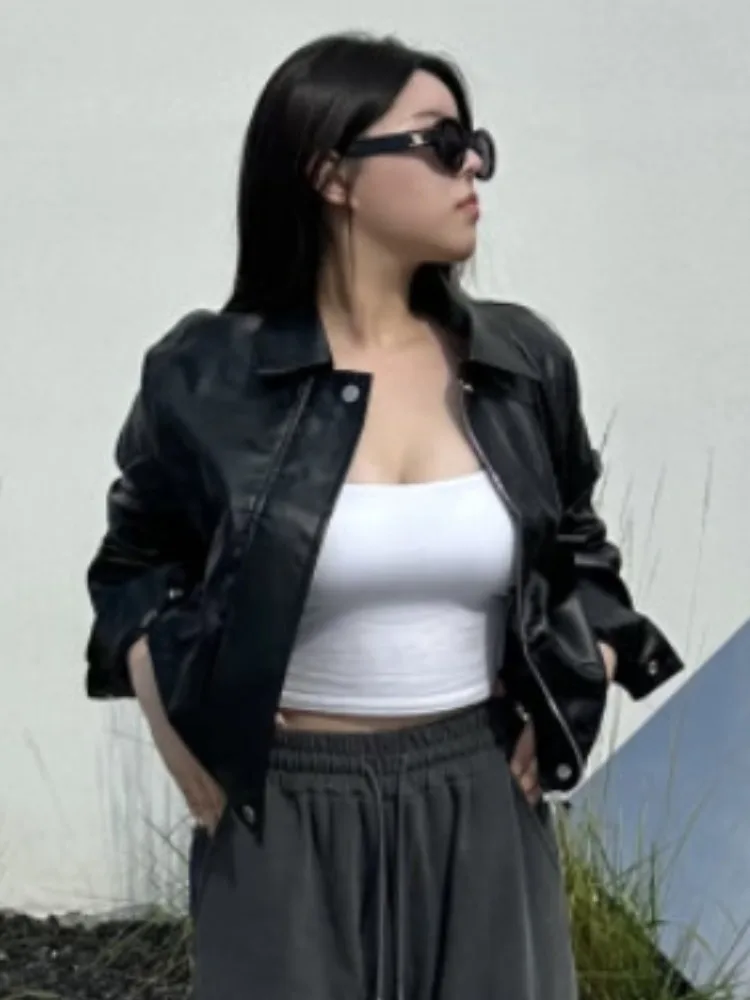 الرجعية هونغ كونغ Sle دراجة نارية Jaet المرأة فضفاضة تناسب سستة بولي معطف معطف جلد شيك الخريف ملابس خارجية طويلة Sve #2