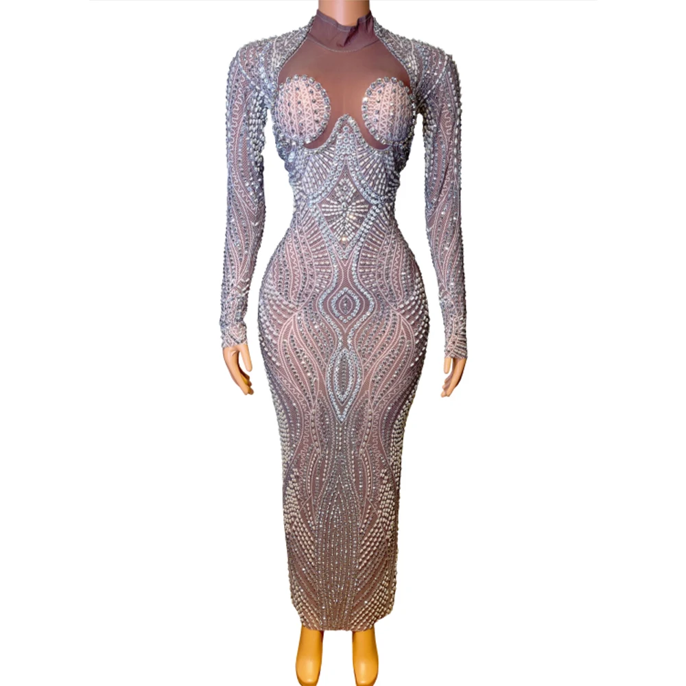 Sexy Stage Long Prom Dresses for Women Sheer Mesh Top Luxury Sparkly Pearls Diamond Dresses Black Girls Prom Formal Party Gowns