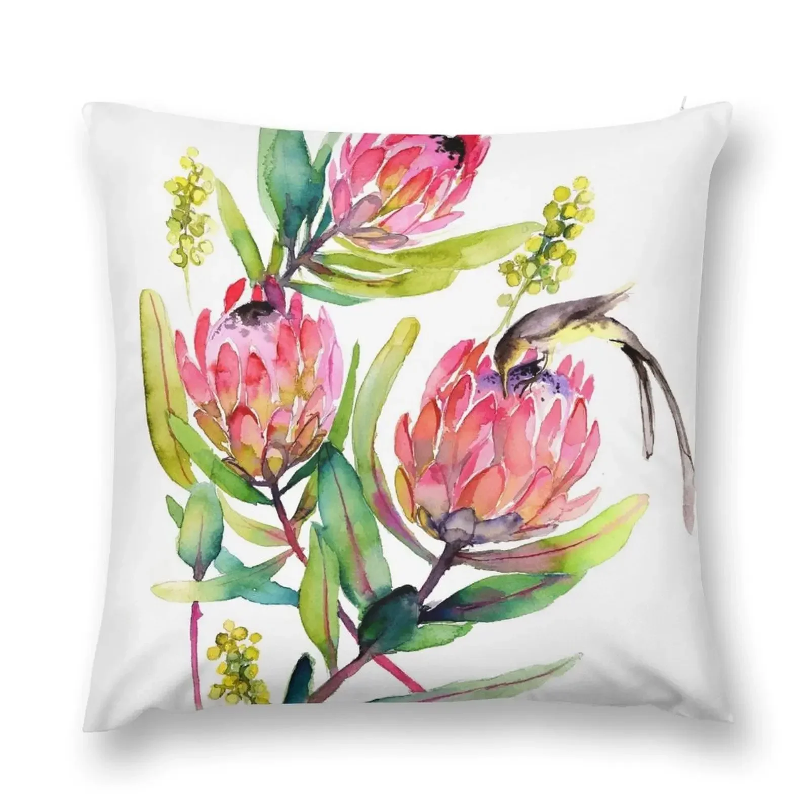 Pink Protea and Bird Watercolor Painting Big Pink Blossoms Throw Pillow Pillow Cases Sofa Covers pillow