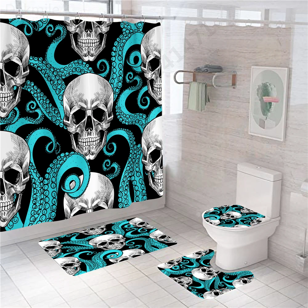 3D Halloween Shower Curtains Skull Pumpkin Ghost Bathroom Shower Curtain Set With Toilet Cover Non-slip Mat Bathroom Accessories