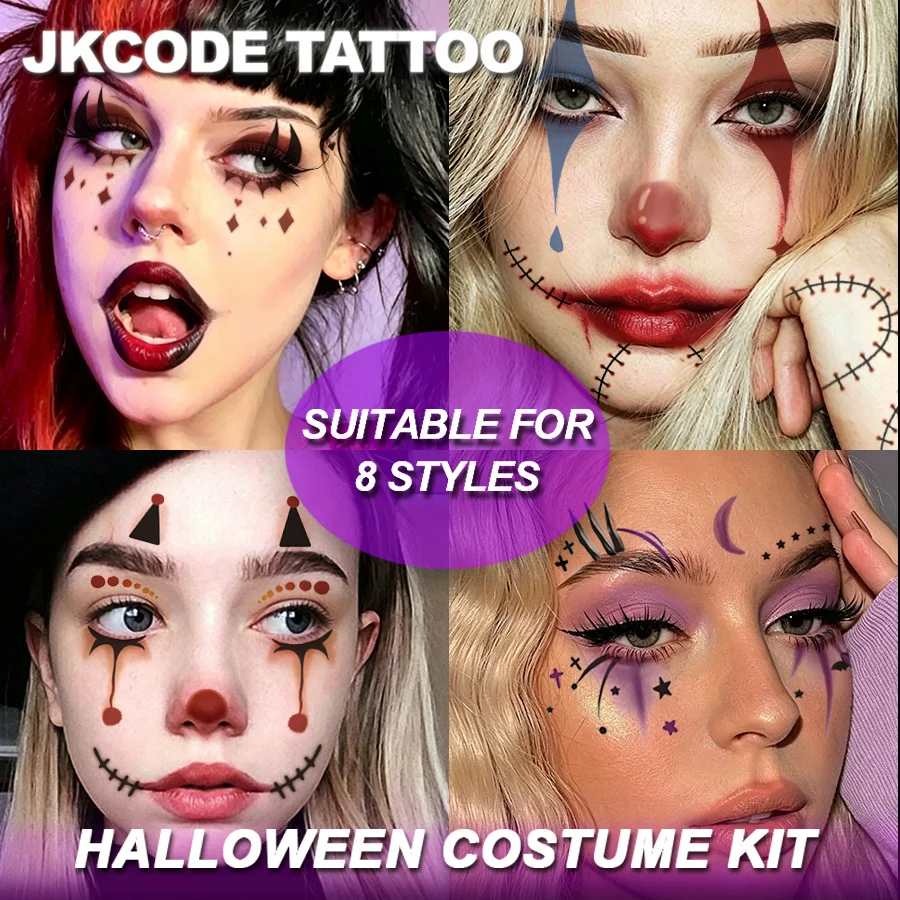 12-Piece Halloween Costume Clown Puppet Makeup Tattoo Set | Interesting Costume Tattoo Sets, Temporary Halloween Tattoos, Stitched and Scar Halloween Makeup Stickers, Women's Costume Accessories, Party Favors for Friends, Lasts 3-5 Days.