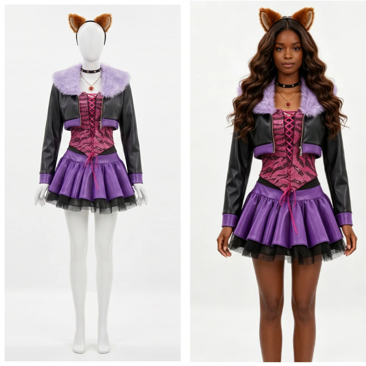 Wolf Clawdeen Cosplay-Kostüme, Gothic-Punk-Look, Kunstleder-Outfit, Perücke, Ohren für Damen, Halloween-Party-Cosplay-Kostüme für Comic Con.