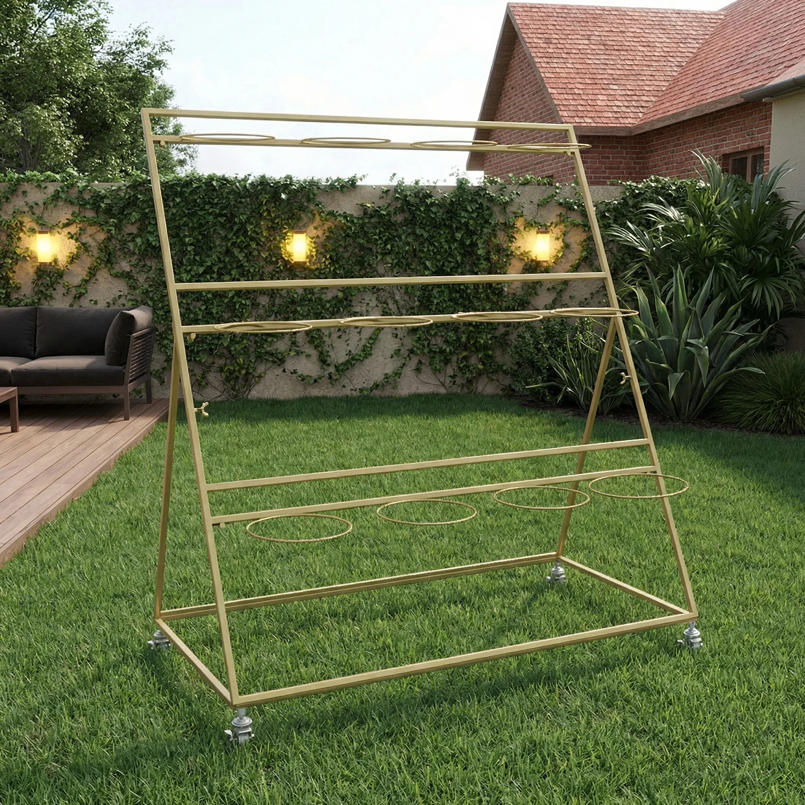 Flower Display Stand 3 Layers Metal Golden Frame Metal Shelf with Wheels and Foot Brake Plant Stand Moving Florist Bouquet Shelf