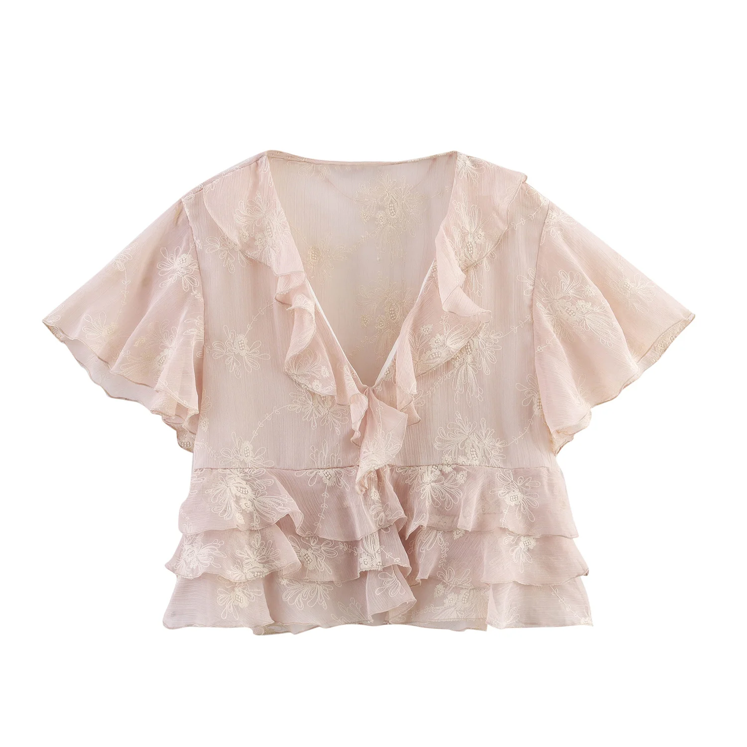 Blusa Decorativa en Capas con Bordado de Moda para Mujer JNLEAOG, Primavera 2025, Poliéster, Cuello en V, Manga Corta, Ajuste...