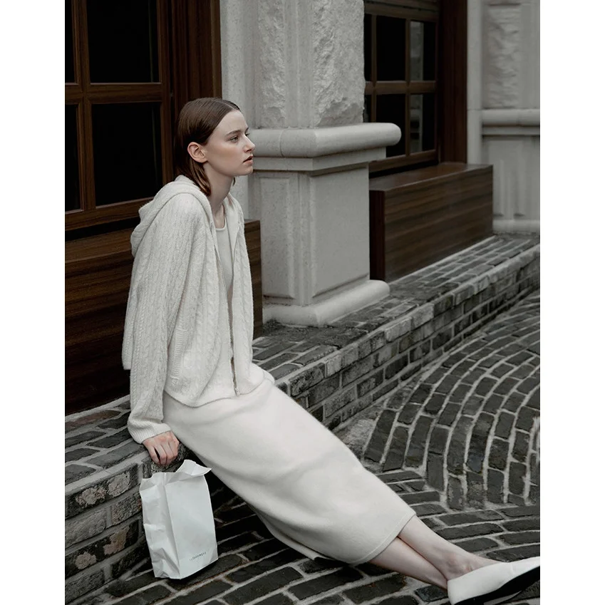 

Commuter Sle Woolen Knitted Cardigan Hooded Versatile Main Item Self-Kept Open-irt Korean Version Long Sve Zipper Design