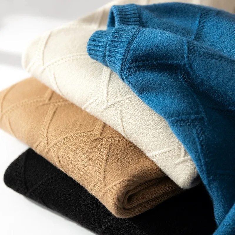 

Autumn Winter Men's Cashmere Sweater round Neck Thin Diamond Loose Youth Knitted Long Sleeve Large Size Wool Base Shirt