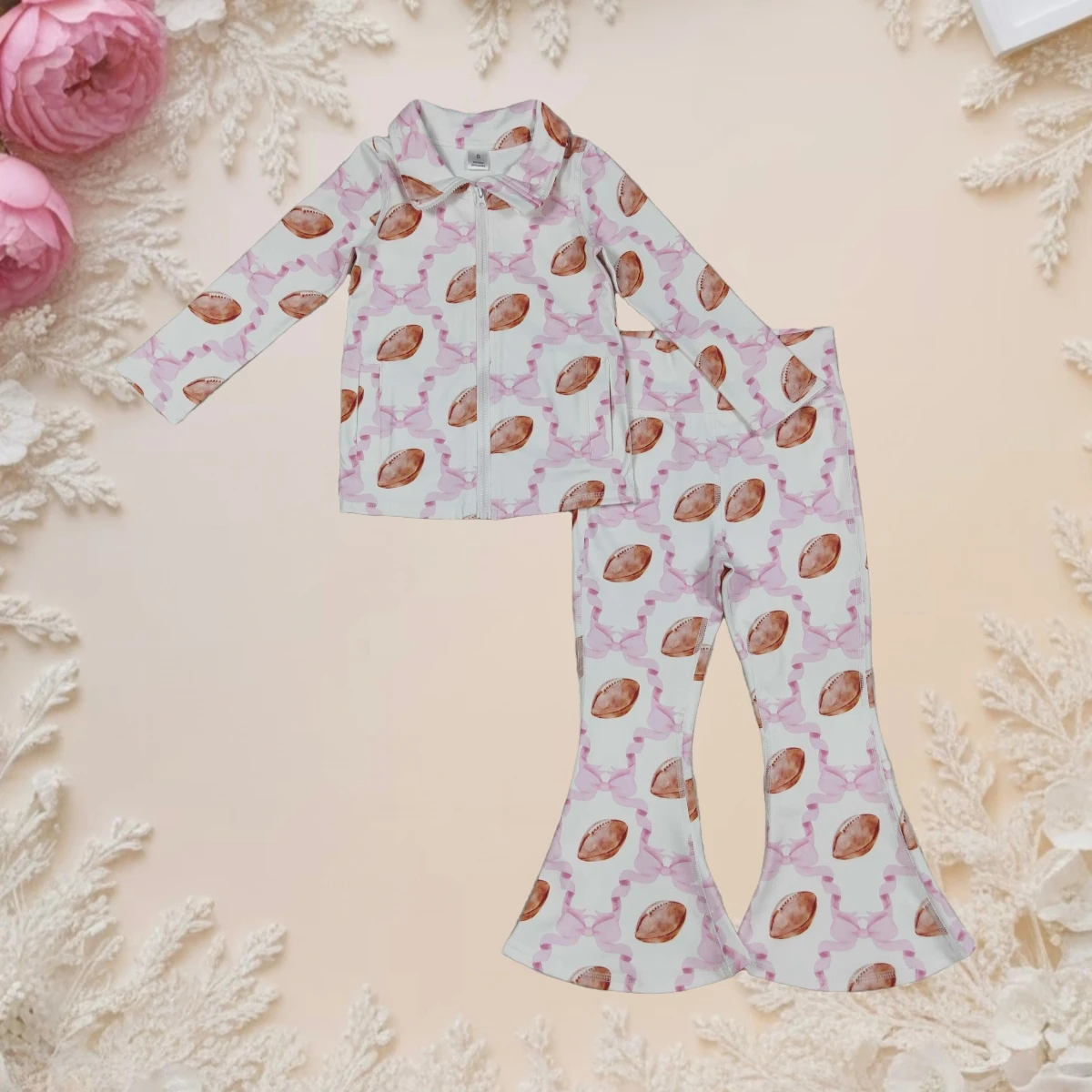 

Hot Sale Toddler Girl Set Clothes Kids Yoga Long Sleeve Bows Football Baby Girls Cardigan Zipper Pocket Tops Pants Sports Outfit