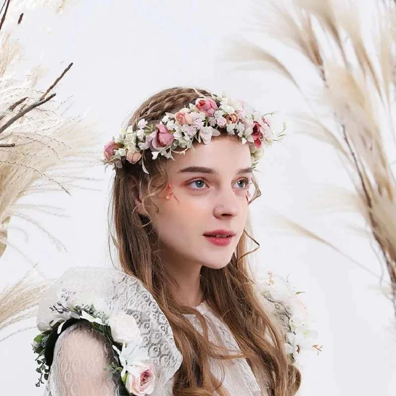 Corona de flores para novia, con cinta guirnalda, corona de comunión, diadema hecha a mano, Tiaras de hadas, accesorios para el cabello de boda