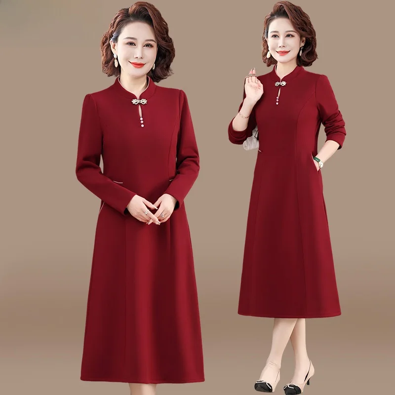 

Весенняя модная женская одежда: традиционное китайское платье-ципао с вышивкой для женщин среднего и старшего возраста, миди-платье