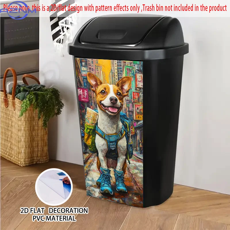 1pc 2D/FLAT Self-Adhesive Dustbin Stickers, , Traveling Dog in City Street Pattern, Creative Dustbin Stickers, Suitable for Du