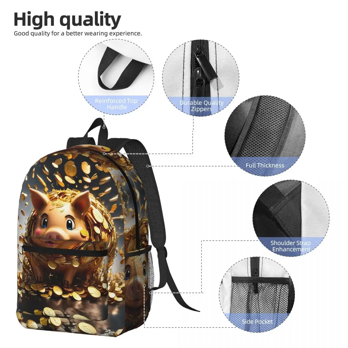 Gold Coins Flying Cute Golden Piggybank Backpack Daypack Large Capacity Boys Girl BookBag School Bag Shoulder Bags for Men Women