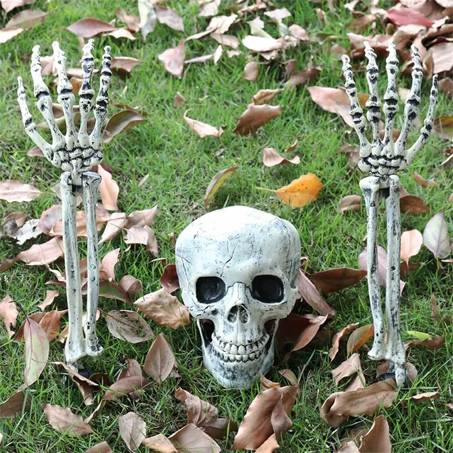 Halloween Decor Skeleton Head Outdoor Scary Props Realistic Skull Hands Yard Prank Festivals Party Supplies Garden Decorations view 3