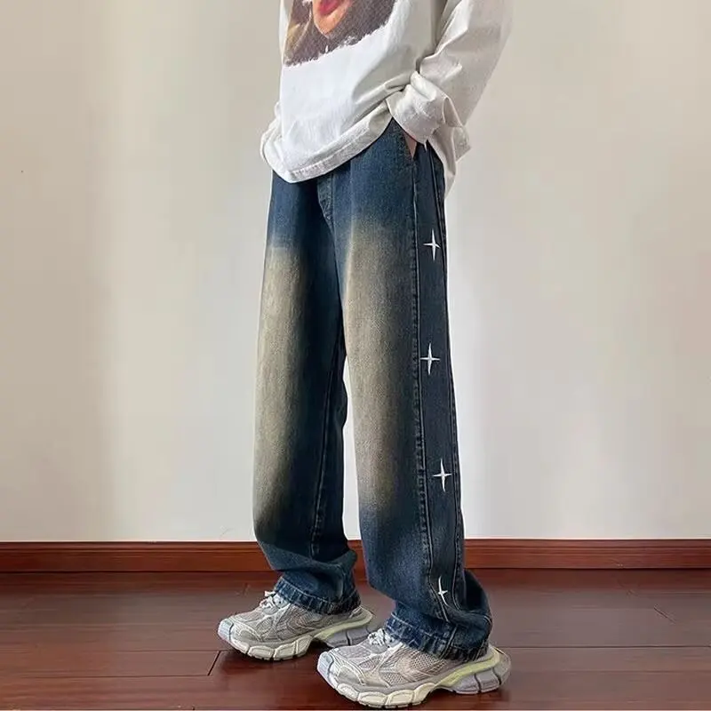 Elastic Waist Star Jeans Male Winter Black Casual American High Street Wide Leg Pants Men Trendy Brand Loose Straight Leg Pants