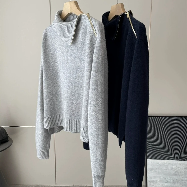 

High Collar Sweater Women's Knitted Top Zipper Side Slant Design Autumn Winter Fashion Casual Wear Comfortable Soft Material