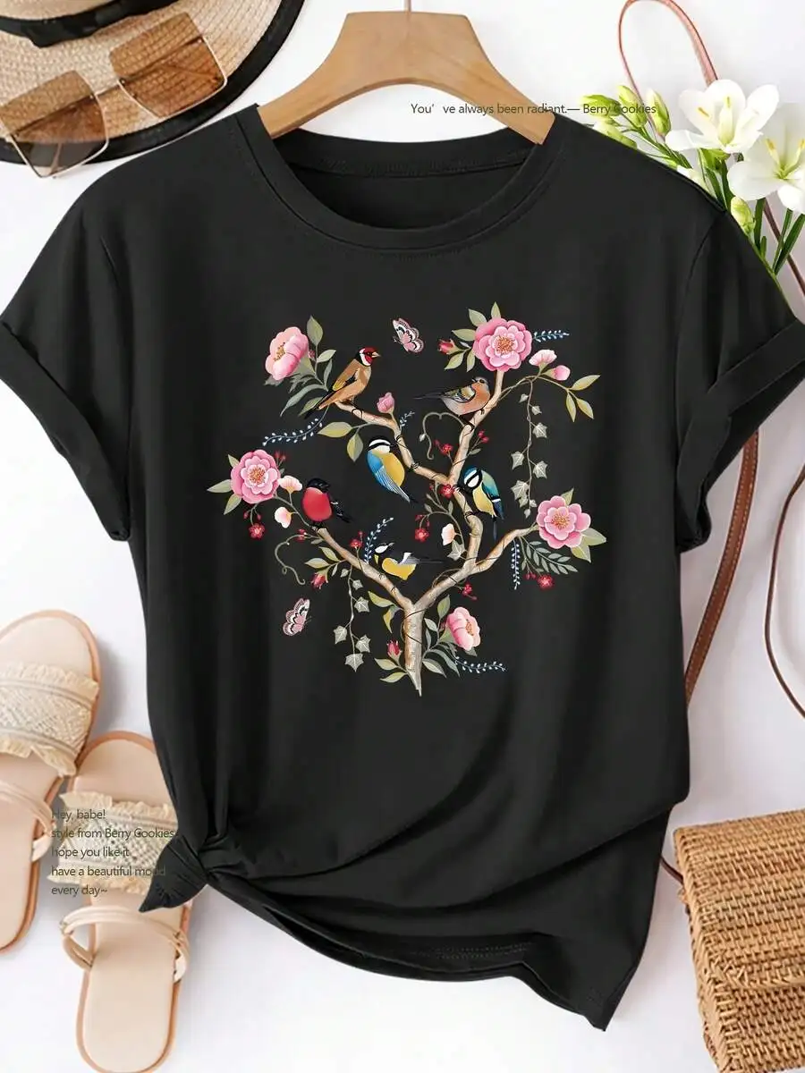 Fresh Pink Floral Bird Butterfly Print Women Crew Neck T‑Shirt, 2026 New Elegant Versatile Short‑Sleeve Casual Top For Spring Summer Everyday Outfit