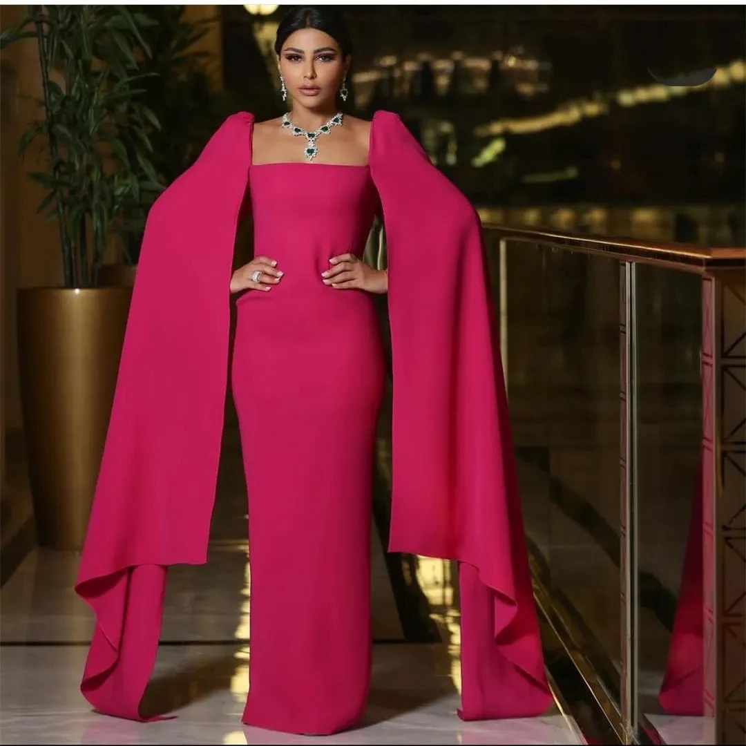 

2024 Fuchsia Long Sqaure Collar Evening Dresses Cape Sleeves Sheath Floor Length Formal Party Prom Gowns Vestidos De Feast