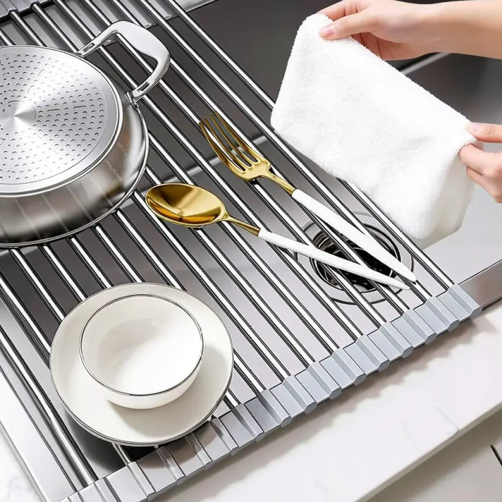 Kitchen Sink Roll Up Drying Rack Dish Stainless Steel Organizer Silicone Foldable Drainer Countertop Storage Shelf Accessory