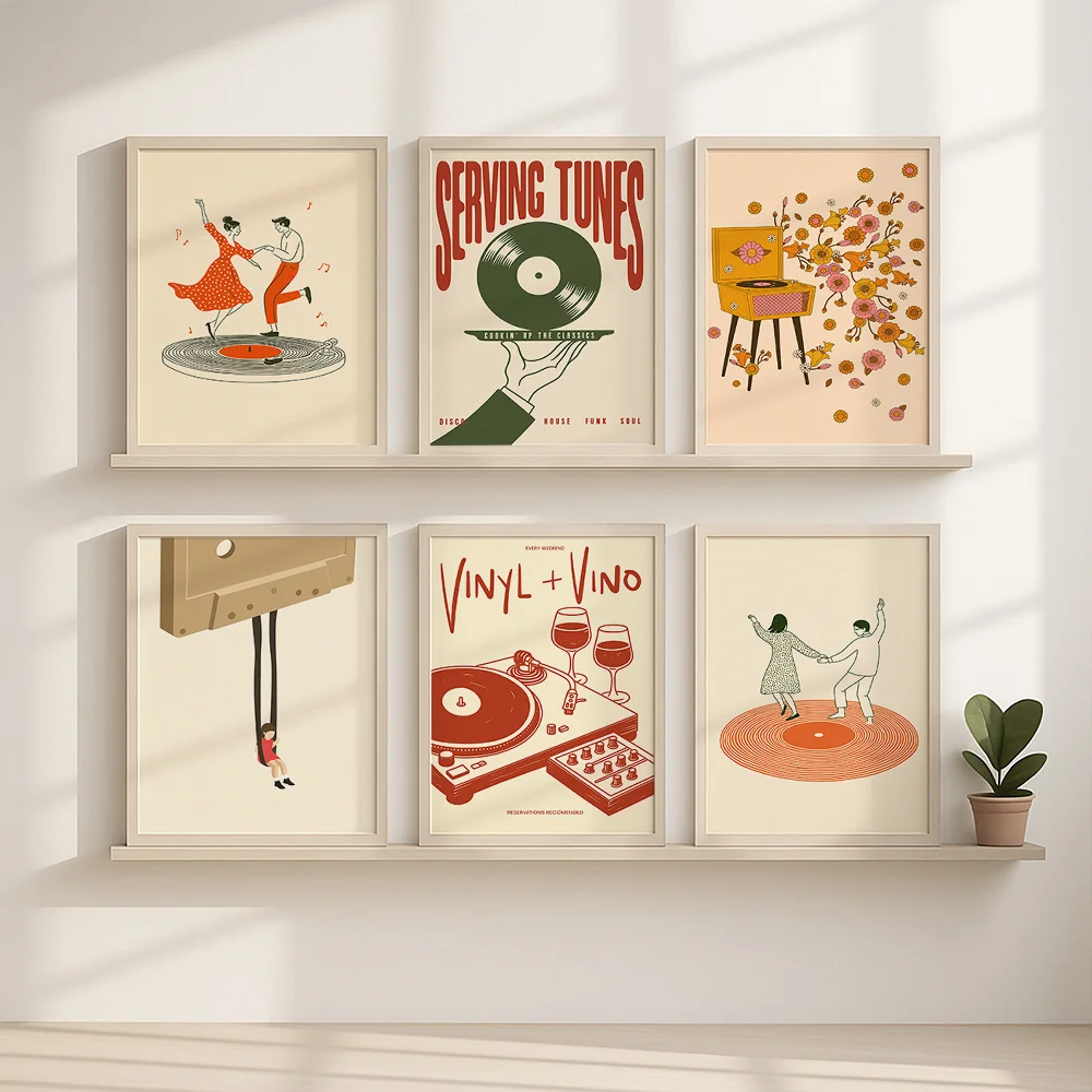 1pc Vintage Music Canvas Poster Unframed Retro Turntable Cassette Floral Art Print Wall Decor for Living Room Bedroom Home Decor