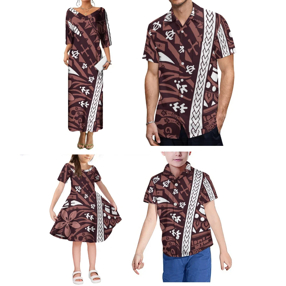 A Custom-Made Family Set Featuring Polynesian Tribal Print Designs For Mother-Daughter Dresses And Father-Son Shirts