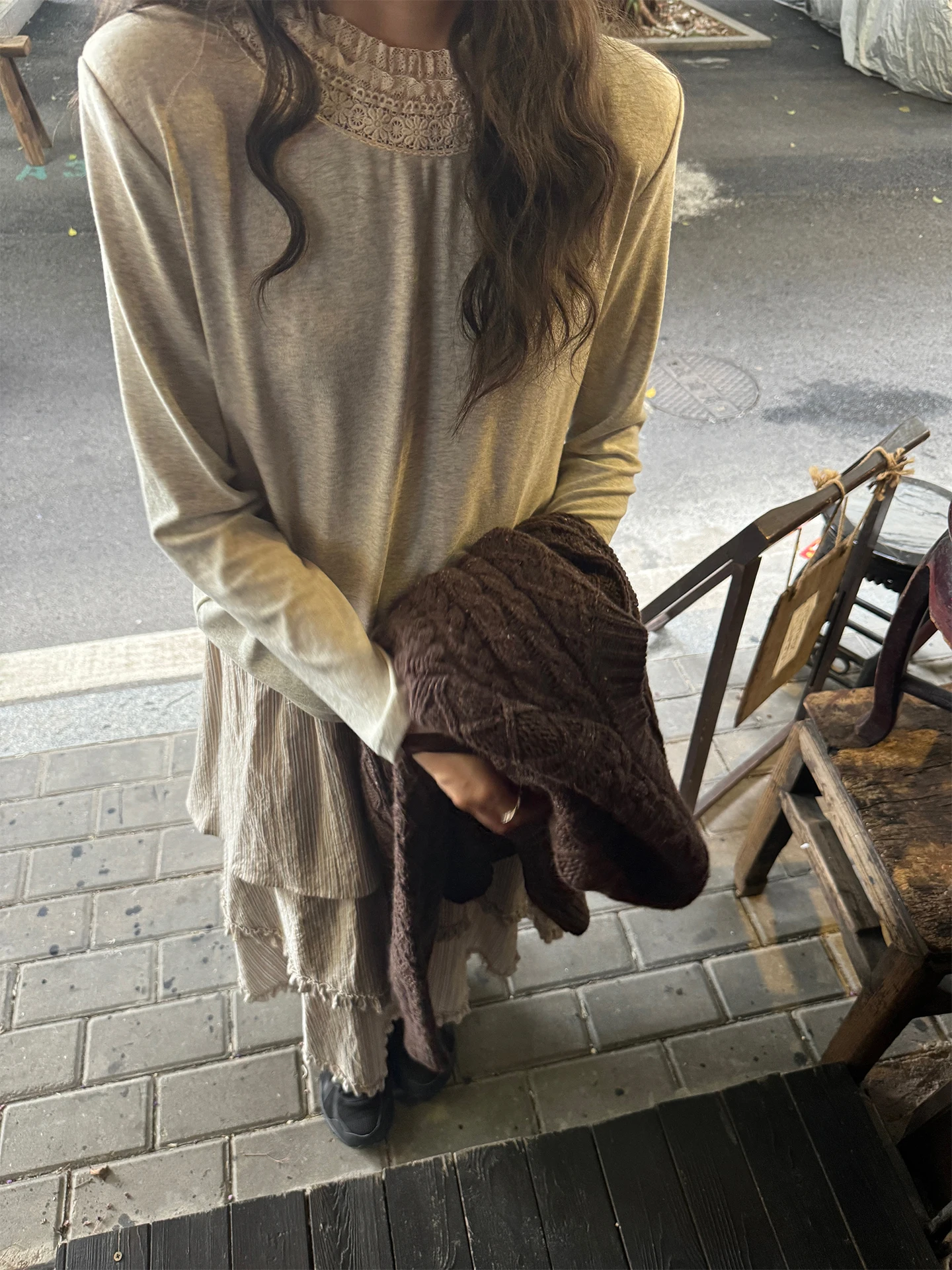 

JMWOMEN Island Melody Loose Fit Long Sve T-irt Women's Autumn Winter Cotton Lace Collar Elastic Bot irt Top