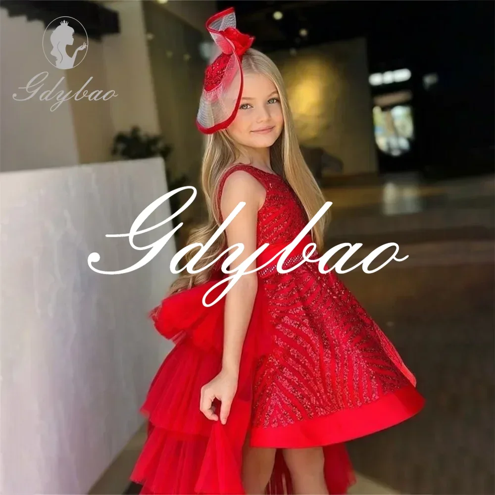 Luxury Sequined O Neck Sweep Train Princess Wedding Party Flower Girl Dress Mini Length Sweep Train First Communion Gown New