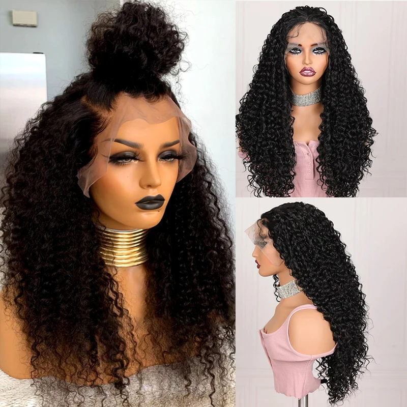 

26“ Glueless 180Density Long Black Kinky Curly Lace Front Wig For Women BabyHair Soft Black Preplucked Heat Resistant Daily Wig