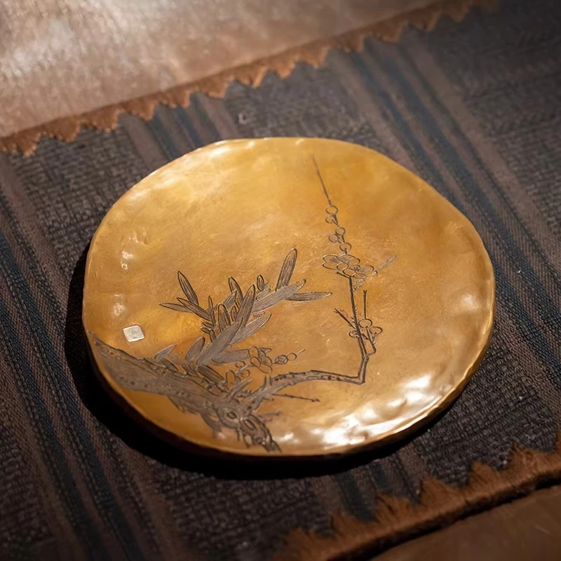 Decorative Serving Tea Tray Table Coasters Pot Accessories Gold Plate Metal Tea Tray Round Chinese Bandejas Home Decorationgs
