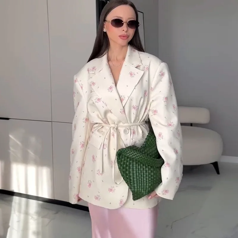 Fashion Women's Flower Printed Blazer Waist-Closed Turn-Down Collar Lace Up Lady Top 2025 Spring Summer Elagant Female Outwear