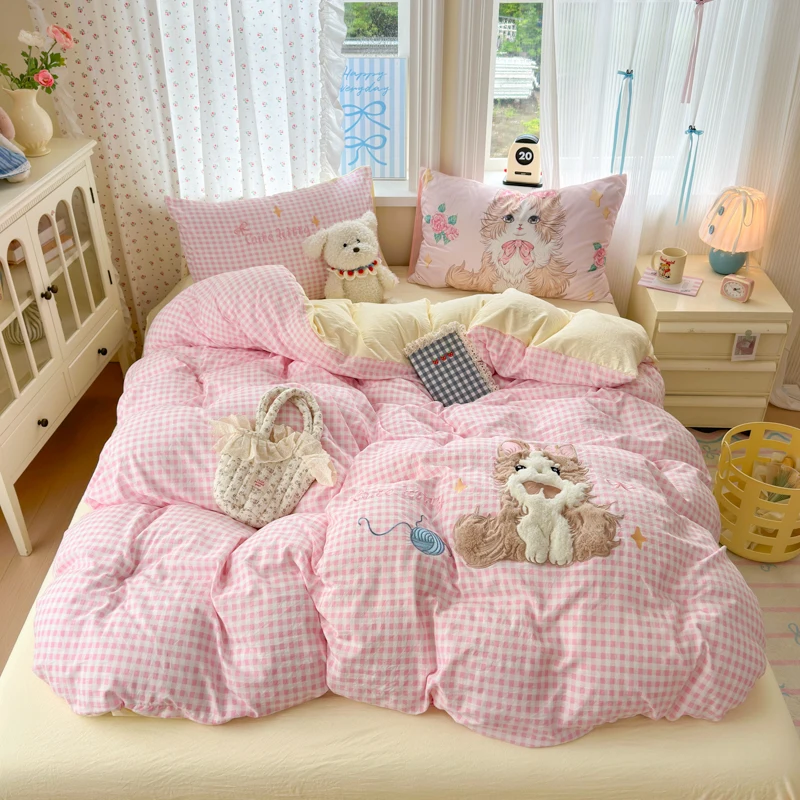 Cute Pink Cartoon Cat Bow Towel Embroidery Girls Kids Bedding Set Soft Duvet Covers Bed Sheet Pillowcases 3/4Pcs