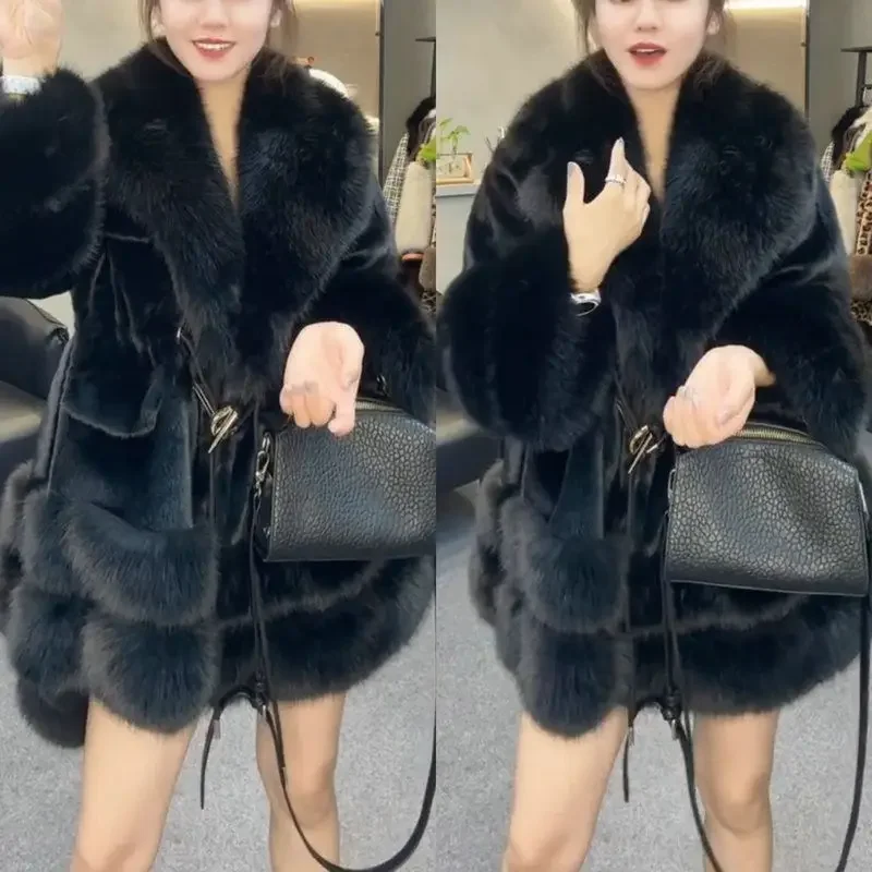 2024 Super Large Winter Women\'s Fur Coat Imitation Fox Windbreaker Flip Collar Fashion Trend Wool Cotton F369