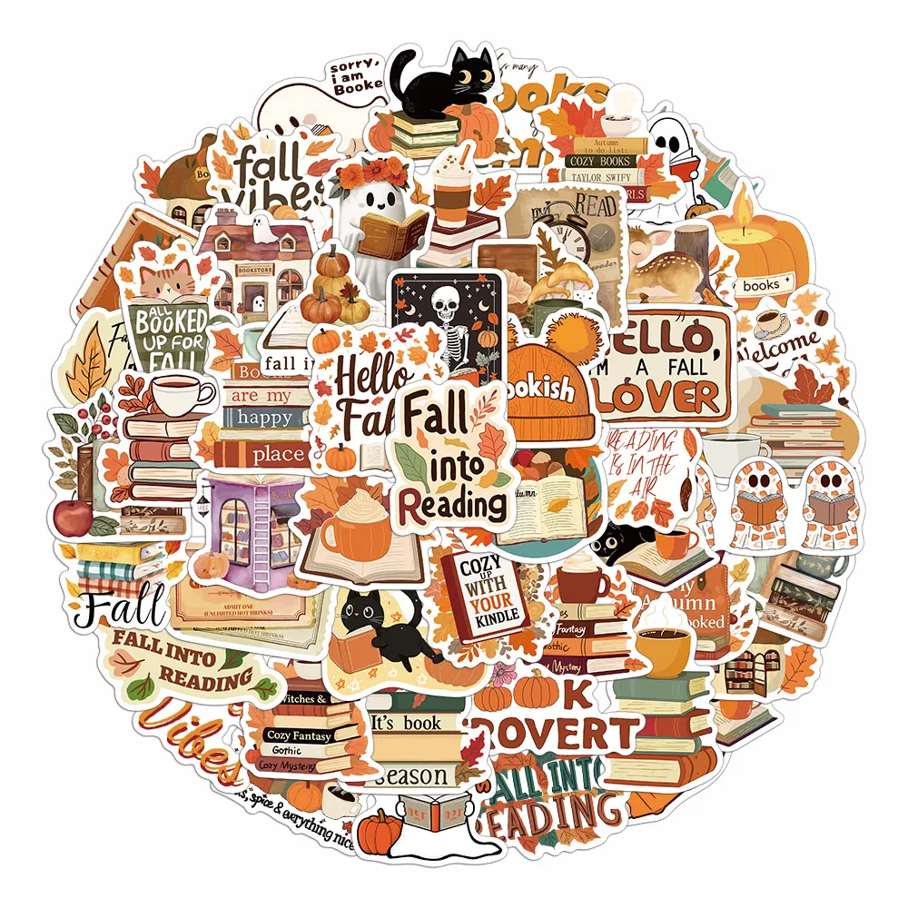 50pcs Fall Bookish Reading Stickers, Autumn Book Ghost Pumpkin Decals for Journal Laptop Water Bottle DIY Decor