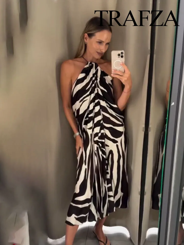 

HH Women's Summer New Fashion Chic Dresses Printing Sleeveless Backless Lace-Up Decoration Female Elegant Long Dress 2025