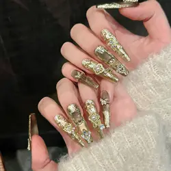Handmade Press on Nails Heavy Metal Gold Butterfly Rhinestone Pearl Decor Fake Nails European Retro Spice Girls False Nail Tips