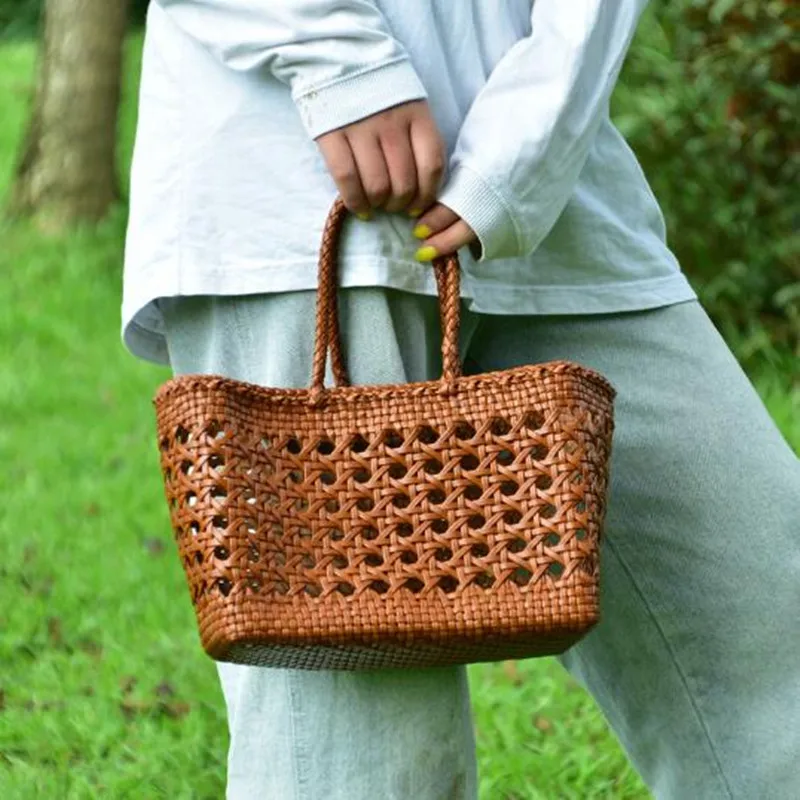 Japan and South Korea Beach Bags Braided cowhide hollowed-out vegetable  shopping basket bag