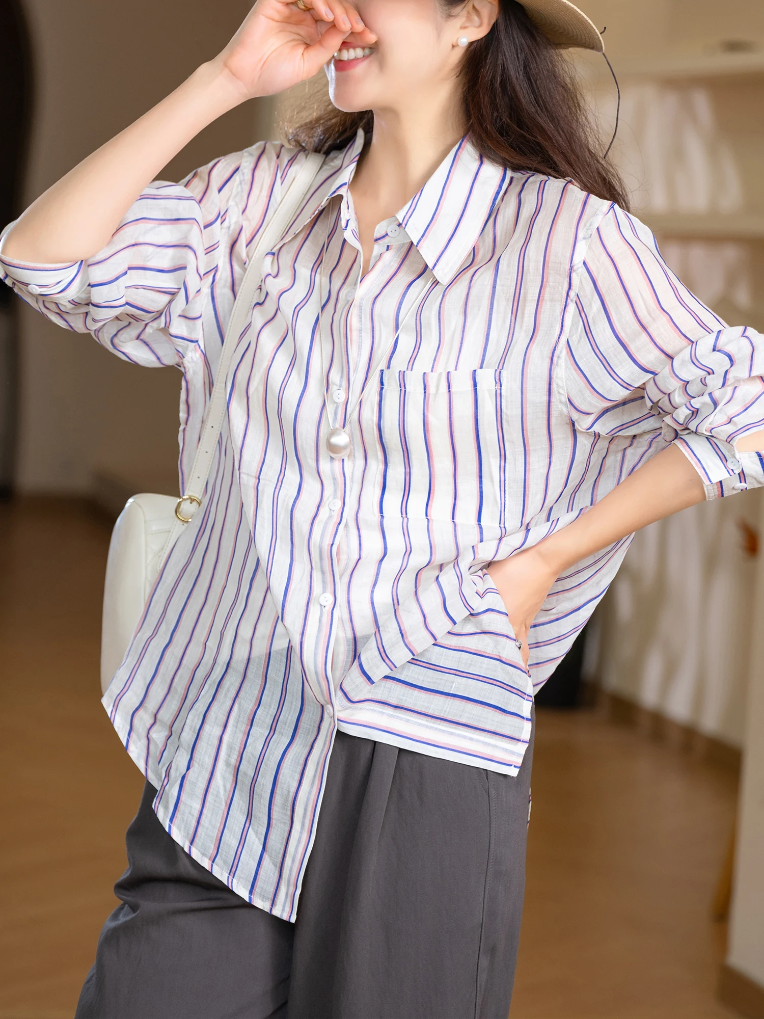 

Slimming Effectiveness Color Woven Stripe Shirt Women's Lightweight Breathable Casual Style Long Sleeve Linen Fabric Shirt
