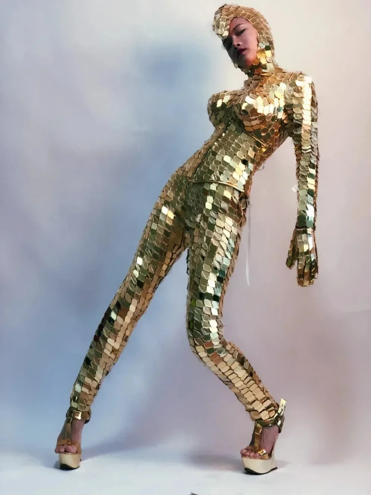 Mirror Woman Hand sewn Costume Jumpsuit Club Gold Party Mirrors Suit Ladies Clubwear Nightlife Clothing Dance Dress Performance